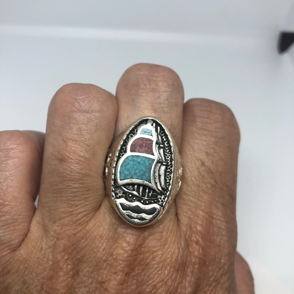 Vintage Real Turquoise Coral Inlay Ship Ring